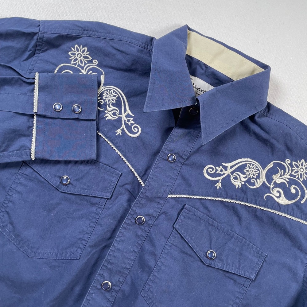 Ace of Diamond USA Mens Navy Blue Embroidered Floral Western Snap Button Shirt M